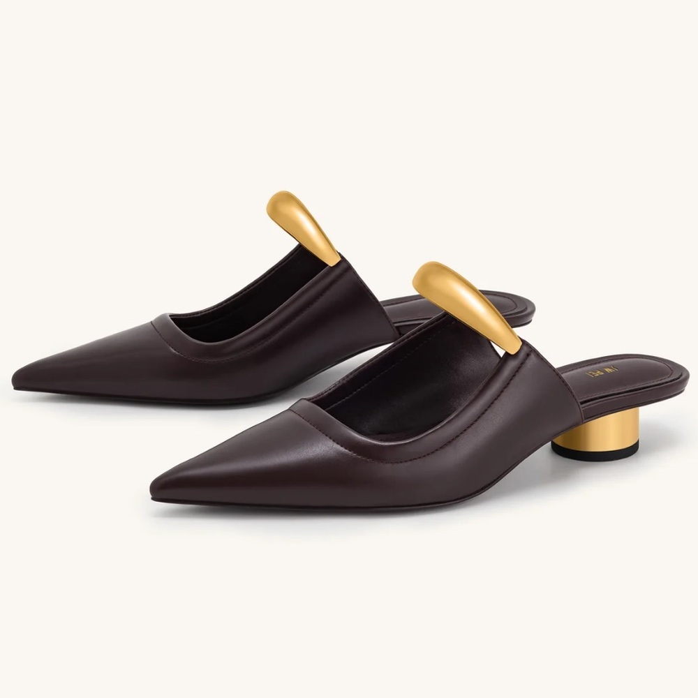 JW PEI Chocolate Brown and Gold Pointed Toe Mules